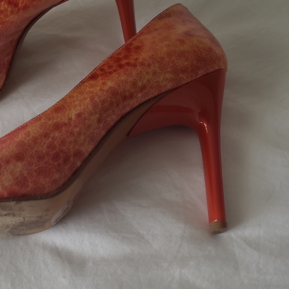 Leather Patterned Red-Orange Women's Heels - Picture 2 of 8